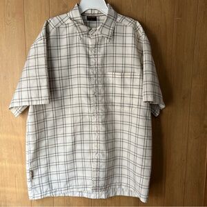 Vintage Champ Gear Shirt Men’s Sz Large Beige Plaid Short Sleeve Button Down
